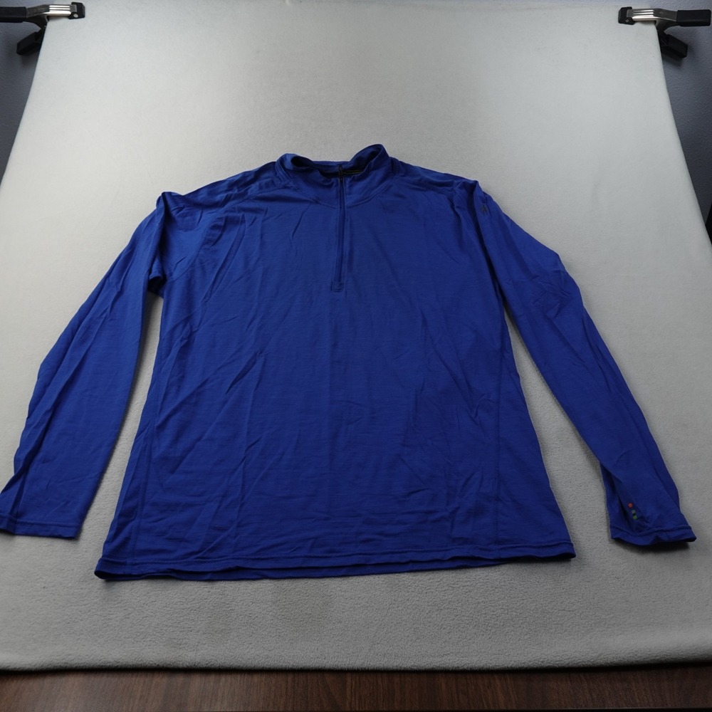 Smartwool Merino Wool 1/4 Zip Pullover Mens Large Blue Hiking Base Layer Flaw